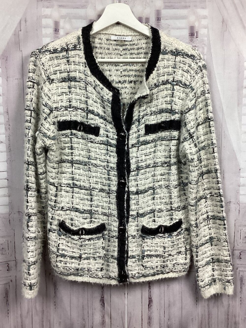 Sioni Tweed Blazer Jacket White Black Buttons M